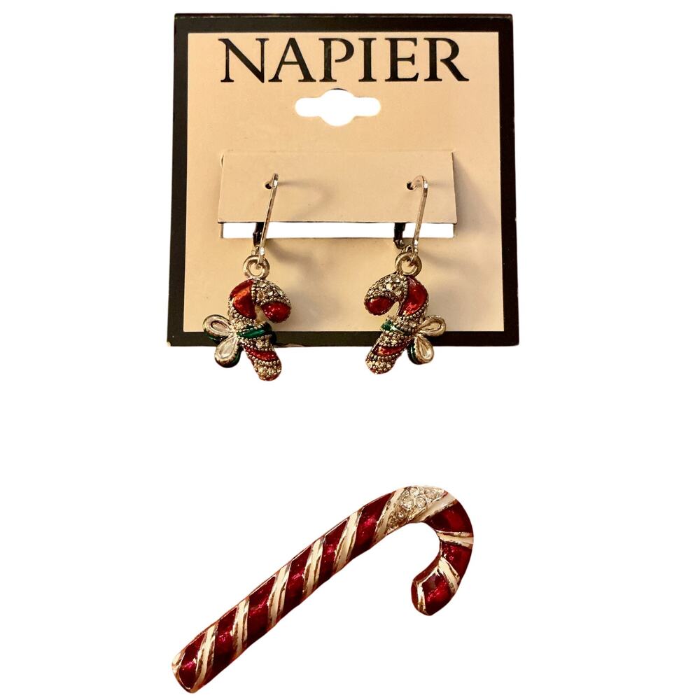 0014 Holiday Jewelry Bundle: NWT Napier Candy Cane Earrings & Rhinestone Brooch